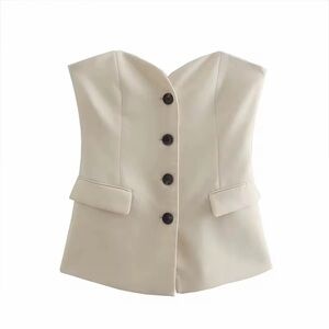 Strapless Button-Front Corset Top in Cream